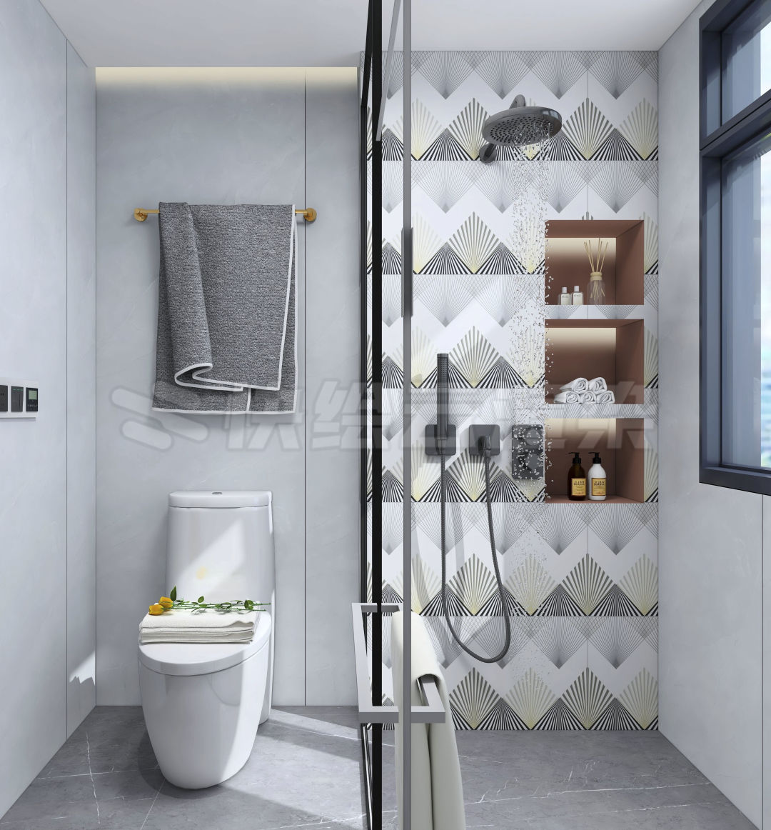 pp电子游戏质感砖灰色系卫生间家居空间效果图